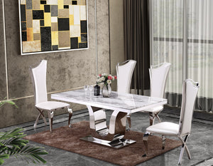 Rowan White Marble Table Dining Collection With White Chairs