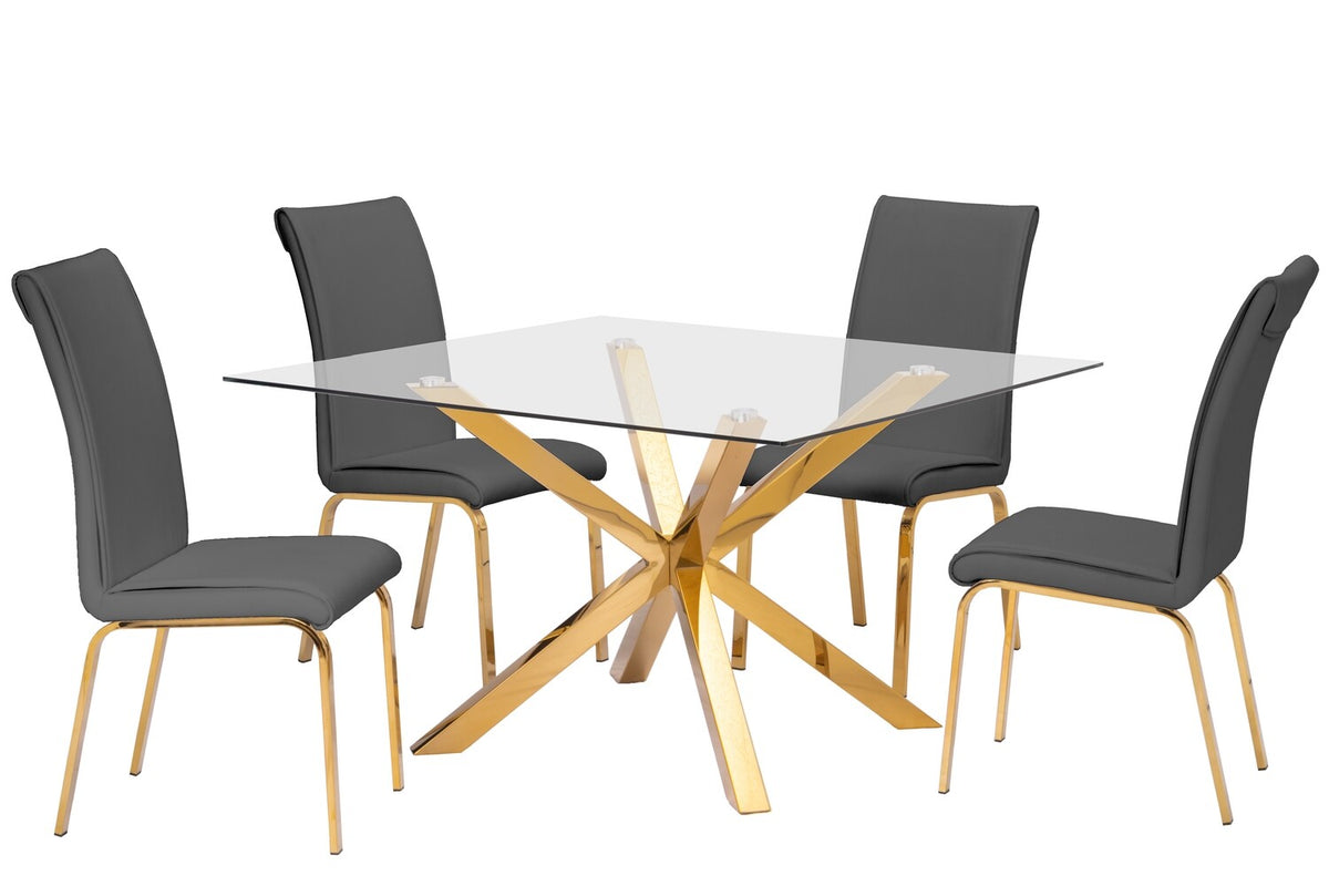 Blake Glass Gold Dining Table Set with Grey Chairs Fully Furnished