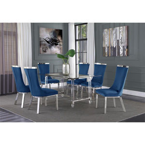Jake Glass Dining Table With Blue Chairs In Stainless Steel