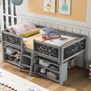 Twin Low Loft Bed with Two Movable Shelves and Ladder, Decorative Guardrail Chalkboard, Gray