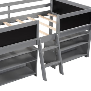 Twin Low Loft Bed with Two Movable Shelves and Ladder, Decorative Guardrail Chalkboard, Gray