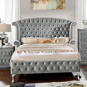 Alzir Velvet Crystal Tufted Bed (Grey)