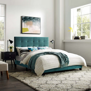 Melanie Tufted Button Upholstered Performance Velvet Platform Bed in Sea Blue