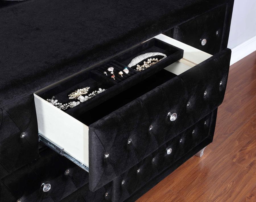 black velvet dresser Rea Tall Chest, 5 Drawers with Crystal Knobs, Upholstery Crafted from durable manufactured wood Deanna Chest (Black)