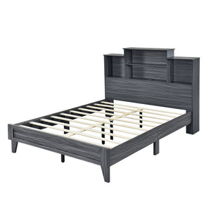 Queen Size Storage Platform Bed Frame with 4 Open Storage Shelves and USB Charging Design,Gray