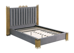 Victoria Velvet Grey and Gold Platform Bed