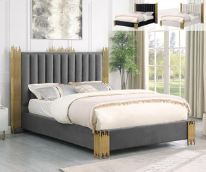 Victoria Velvet Grey and Gold Platform Bed