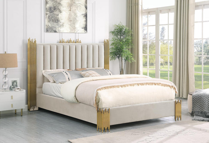 Victoria Velvet Cream and Gold Platform Bed