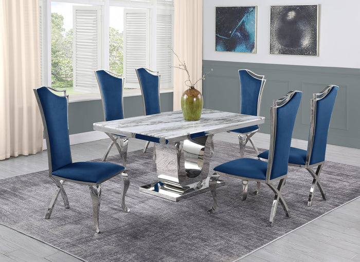 Rowan White Marble Table Dining Collection With Blue Chairs