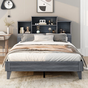 Queen Size Storage Platform Bed Frame with 4 Open Storage Shelves and USB Charging Design,Gray