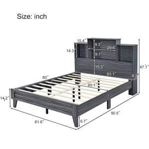 Queen Size Storage Platform Bed Frame with 4 Open Storage Shelves and USB Charging Design,Gray