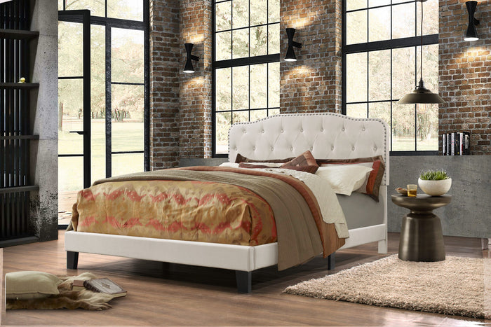 Olsson Panel Bed in Velvet Fabric with Tufted Buttons and Nailhead Trim Bed (Beige)