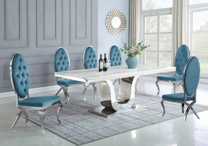 Waylon White Marble Table Dining Collection With Blue Chairs