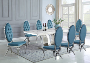 Waylon White Marble Table Dining Collection With Blue Chairs