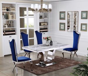 Rowan White Marble Table Dining Collection With Blue Chairs