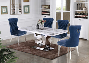 George White Marble Table Dining Collection With Blue Chairs