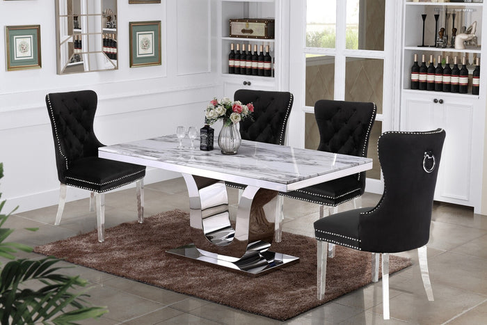 George White Marble Table Dining Collection With Black Chairs