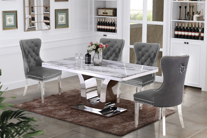 George White Marble Table Dining Collection With Grey Chairs