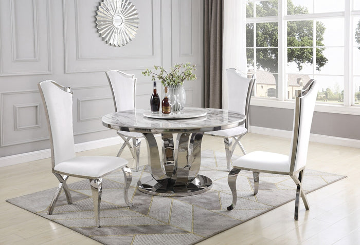 Zachary 5pc White Marble Table Dining Collection With White Chairs