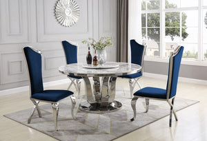 Zachary White Marble Table Dining Collection With Blue Chairs