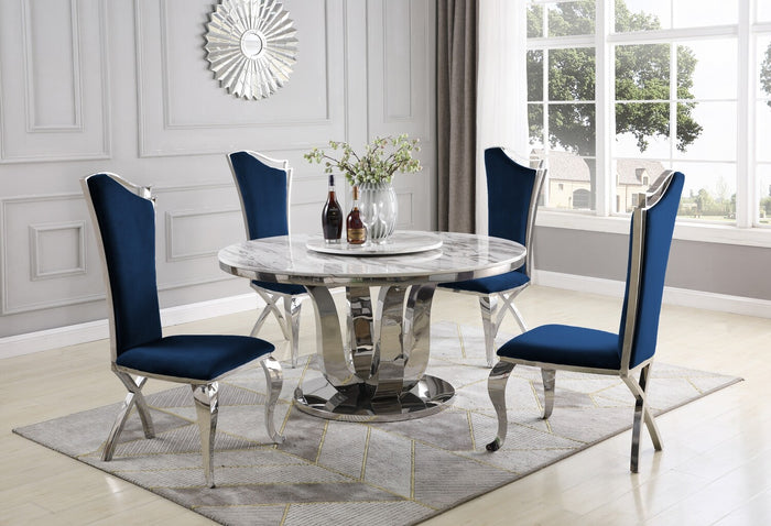 Zachary 5pc White Marble Table Dining Collection With Blue Chairs