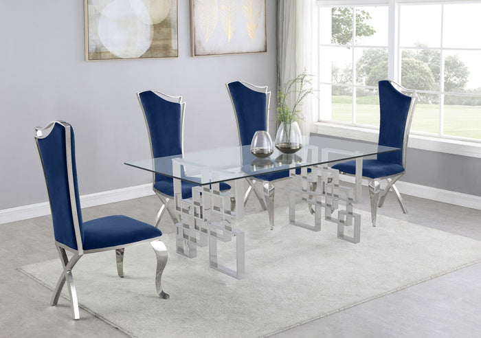 Muhammad Glass Table with Blue Chairs