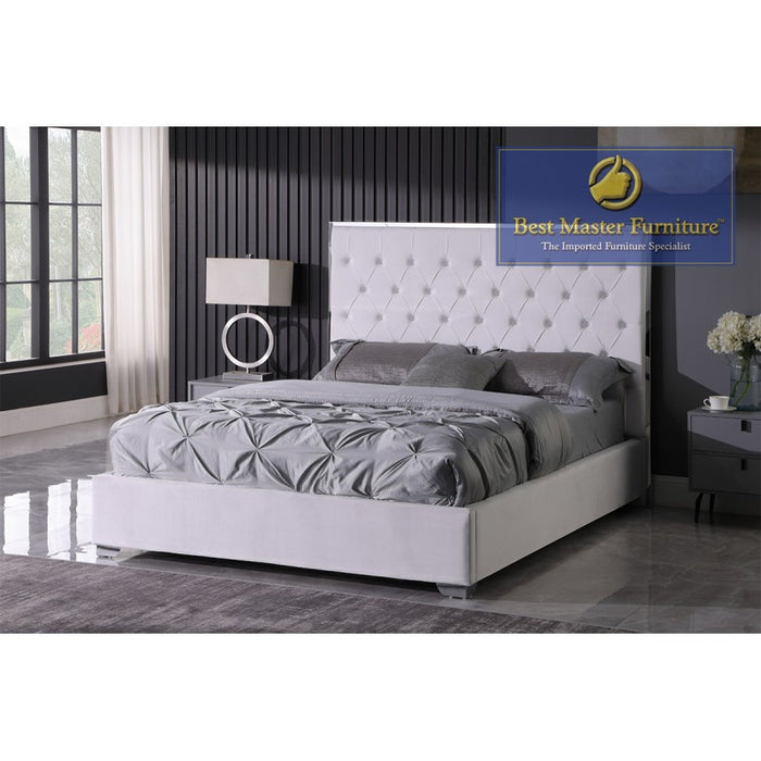 Kressa Upholstered Velour Bed (White with Silver)