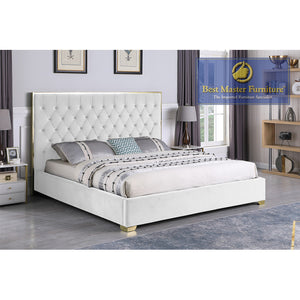 Kressa Upholstered Velour Bed (White with Gold)