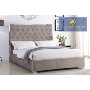 Kressa Upholstered Velour Bed (Light Grey with Silver)