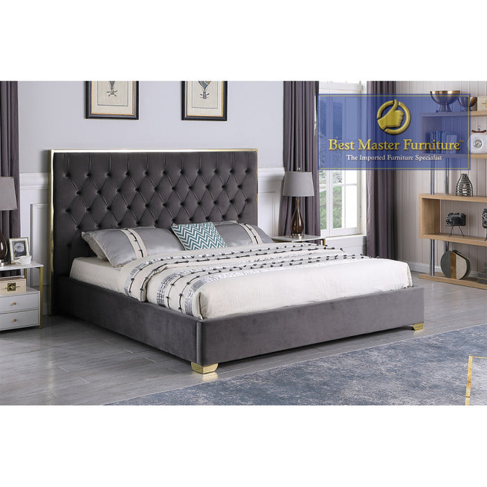 Kressa Upholstered Velour Bed (Dark Grey with Gold)