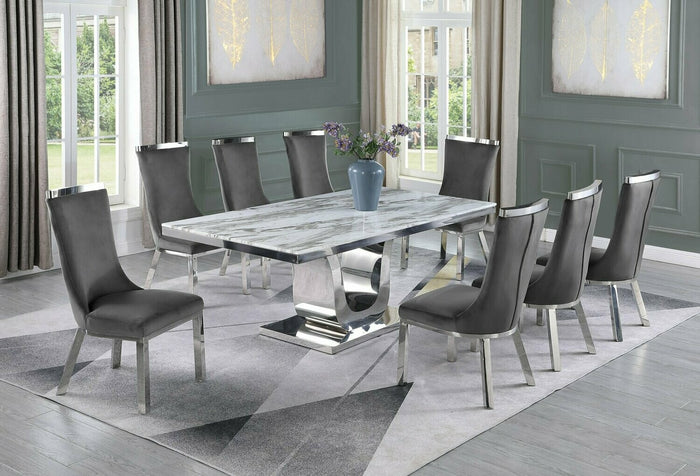 Ryder White Marble Table Dining Collection With Grey Chairs