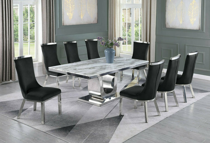 Ryder White Marble Table Dining Collection With Black Chairs