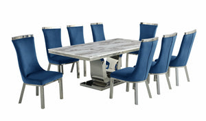 Ayden White Marble Table Dining Collection With Blue Chairs