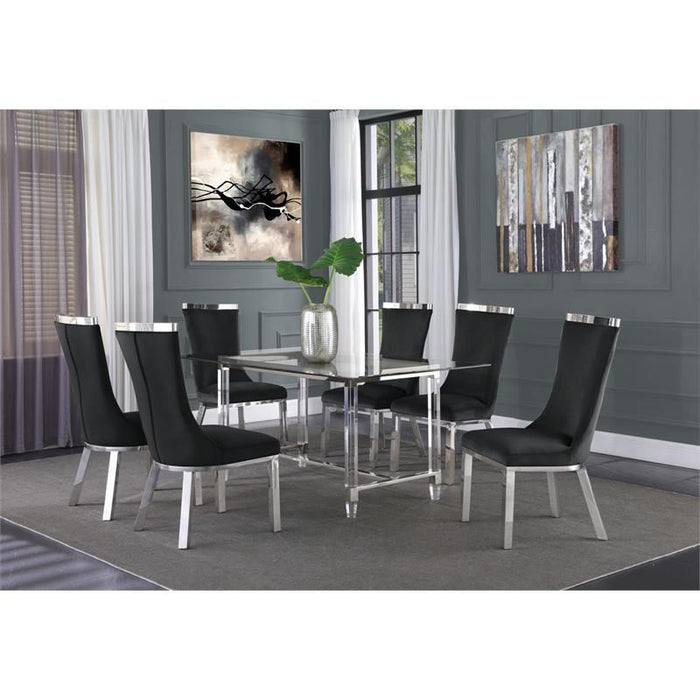 Jake Glass Dining Table With Black Chairs In Stainless Steel