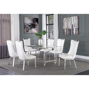 Jake Glass Dining Table With White Chairs In Stainless Steel