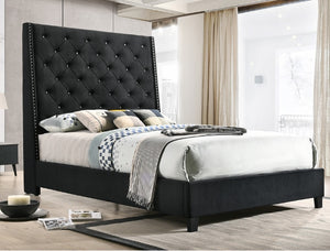 Chantilly Velvet Upholstered Bed with Nailheads & faux Diamonds (Black)