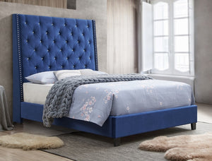Chantilly Velvet Upholstered Bed with Nailheads & faux Diamonds (Royal Blue)