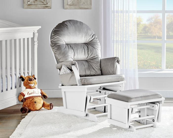 Madison Glider and Ottoman White Wood and Gray Fabric