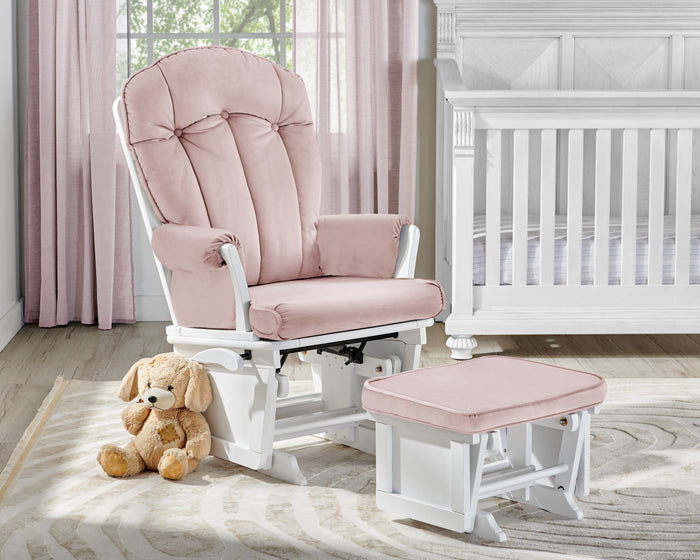 Victoria Glider and Ottoman White Wood and Pink Fabric