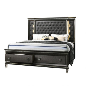 Bellagio Panel Bed with Tufted Buttons & Backlit Backboard with 2 Drawers (Metallic Grey)