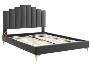 Elise Velvet Platform Bed in Charcoal
