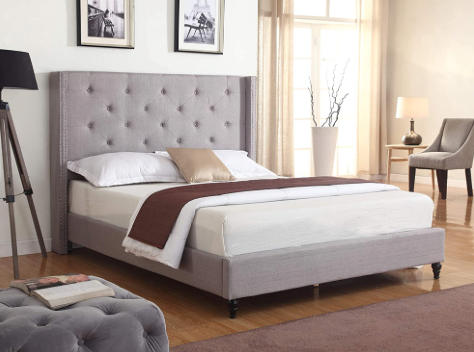 Sydney Tufted Linen Upholstered Bed with Nailheads (Grey)