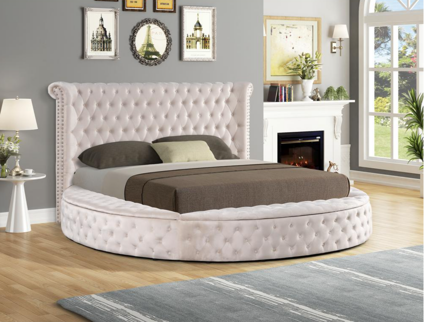 Isabella Round Platform Storage Bed Beige Fully Furnished