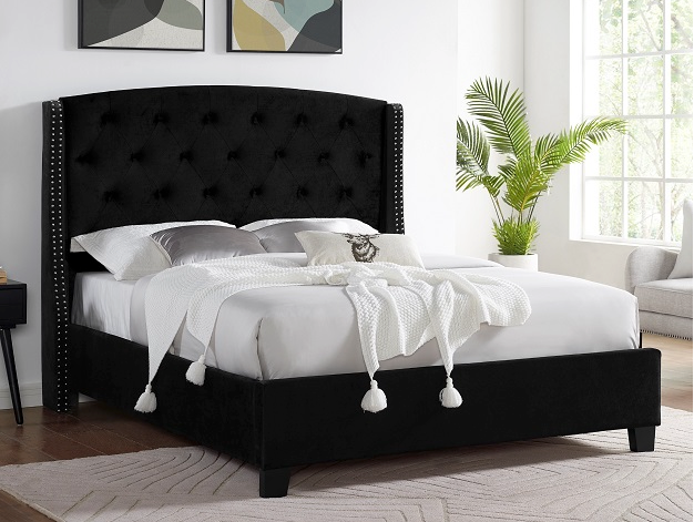 Eva Black Velvet Upholstered bed with Nails