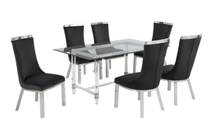 Jake Glass Dining Table With Black Chairs In Stainless Steel