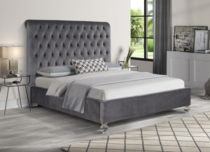 Olivia Velvet Upholstered Panel Bed with Acrylic Feet (Dark Grey)