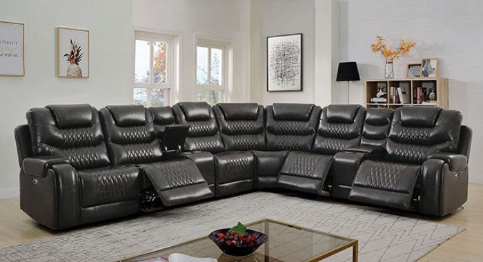 Mariah Leather Power Sectional with Recliner (Grey)