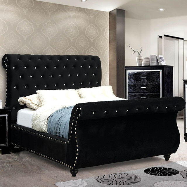 Noella Crystal Button Tufted Sleigh Bed (Black)