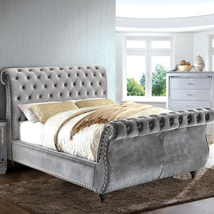 Noella Crystal Button Tufted Sleigh Bed (Grey)