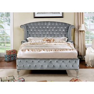 Alzir Velvet Crystal Tufted Bed (Grey)